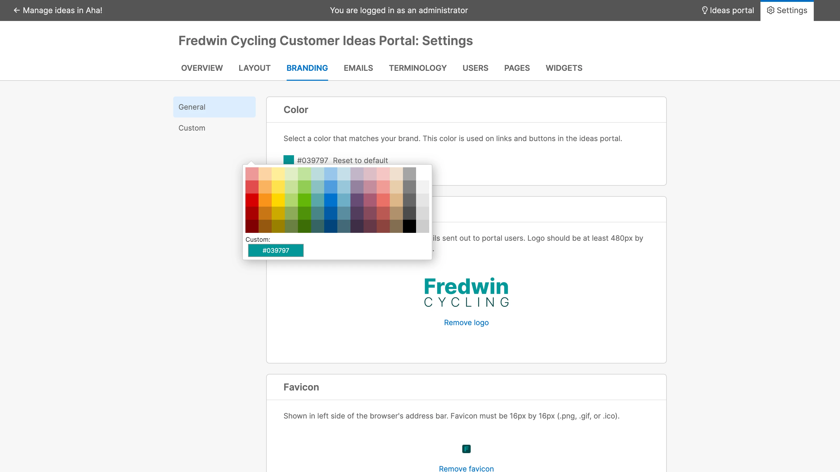 Ideas portal brand settings