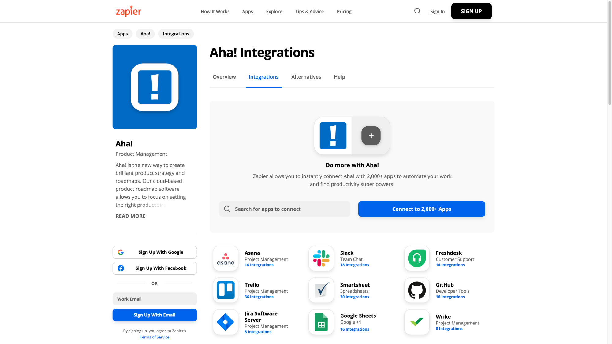 The Aha! integration page on Zapier