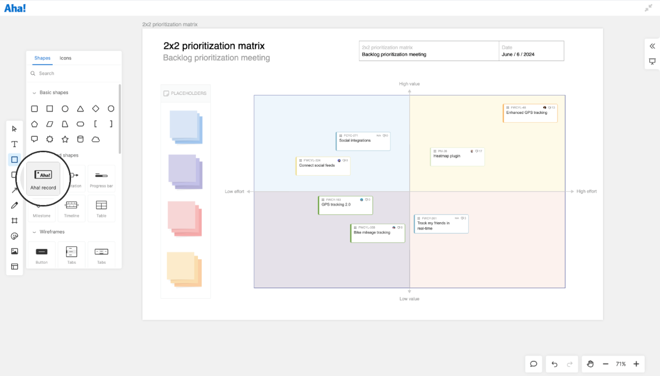 A whiteboard with a prioritization view, where a user is adding Aha! records