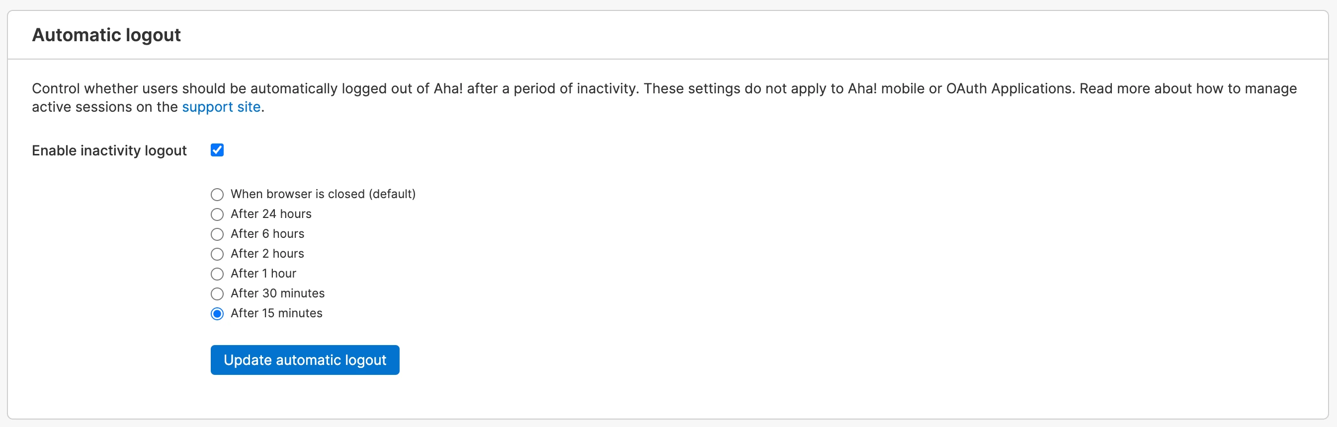 Automatic logout settings within the security and single sign-on settings
