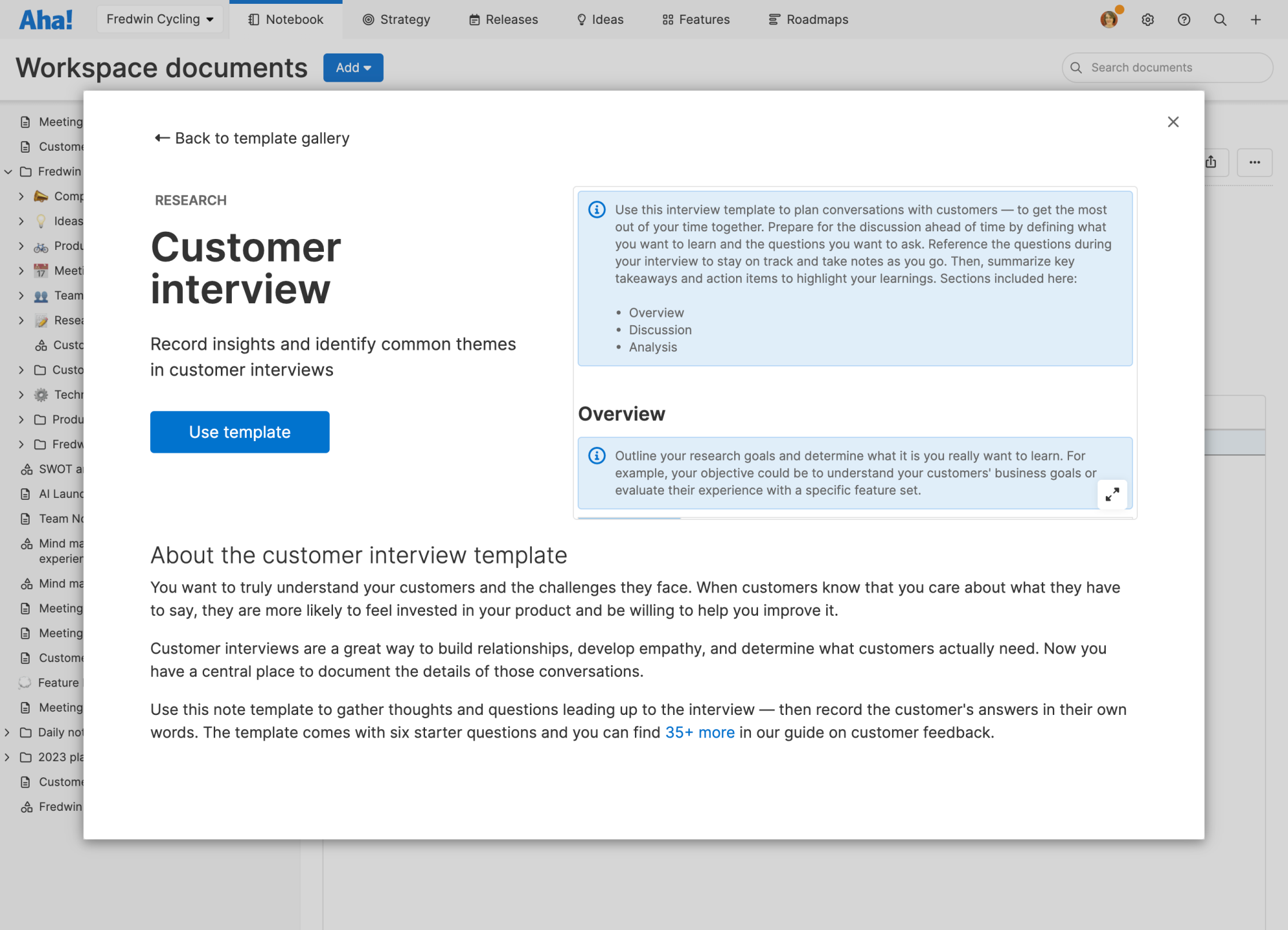 customer interview note template in Aha! template library