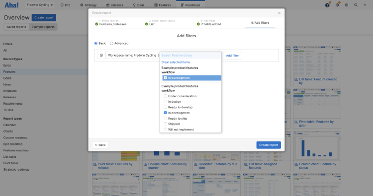 The report builder in Aha! Roadmaps with filters and values.
