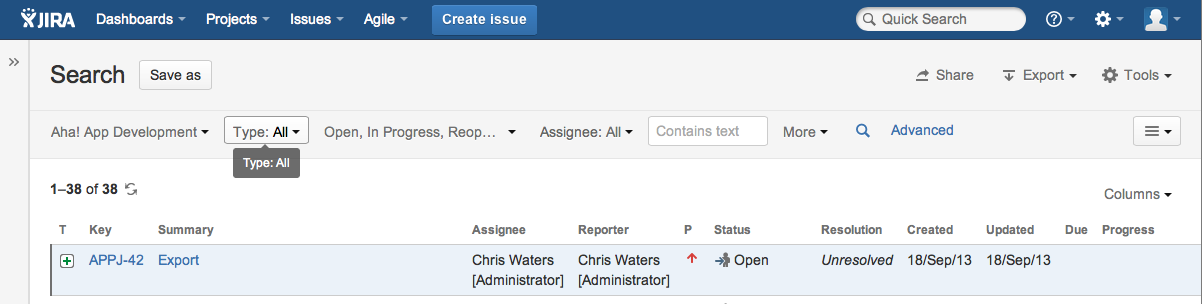 Jira issue search results