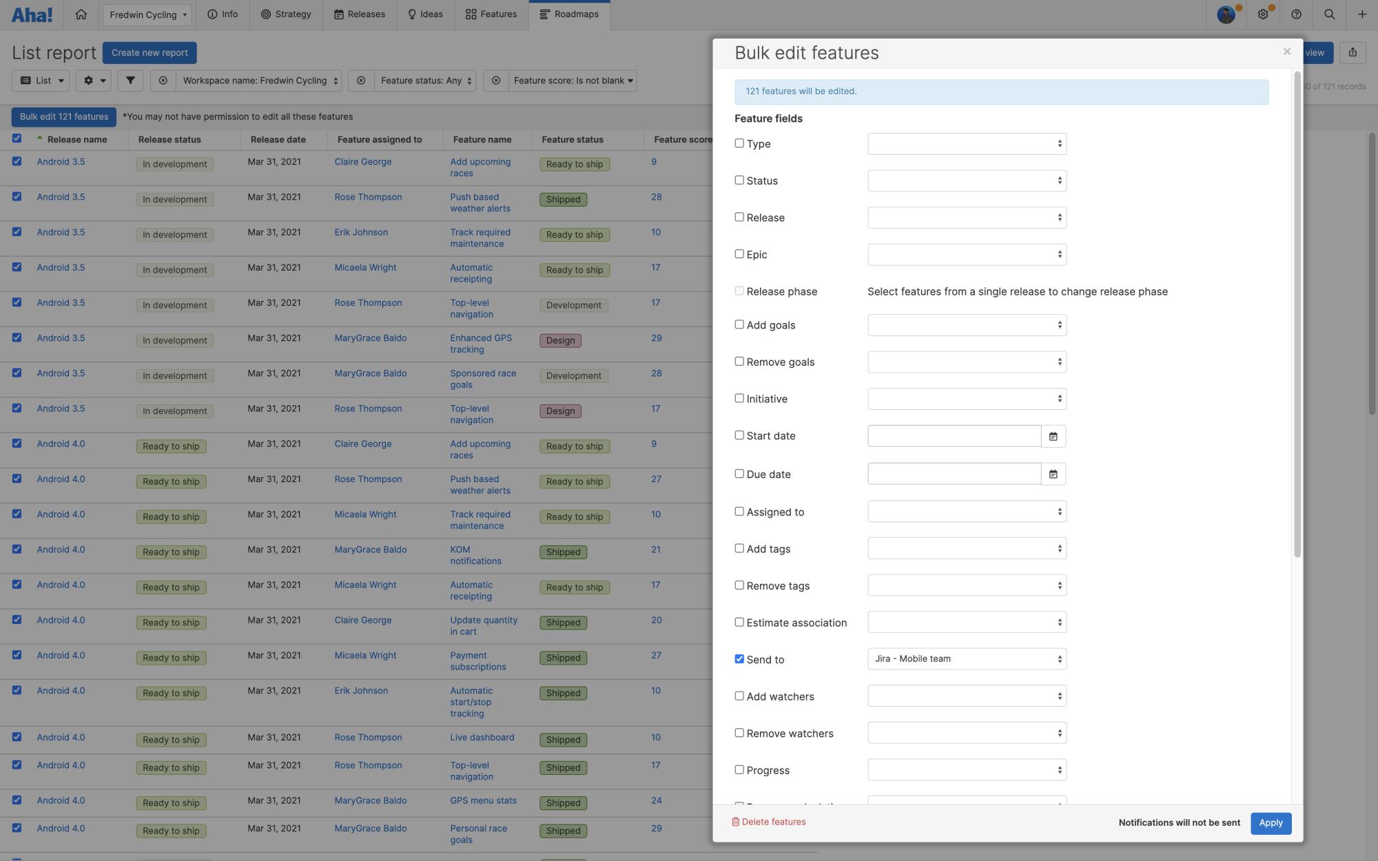 The bulk edit modal in front of a feature list report showing how to bulk send features to an integration.