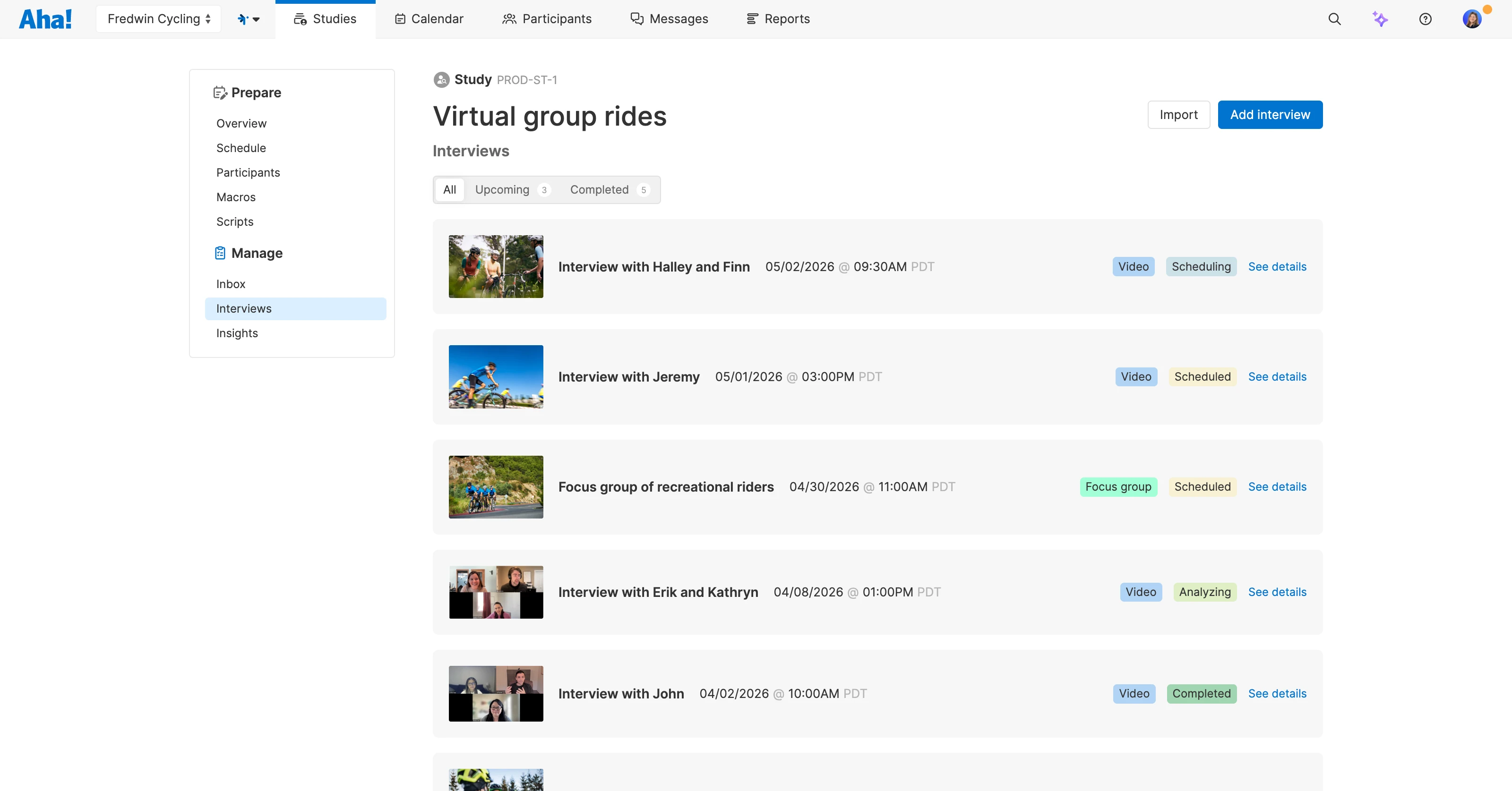 Interviews scheduled in Aha! Discovery about a specific topic for a company called Fredwin Cycling