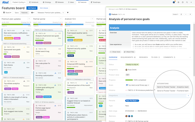 Features board with PivotalTracker integration dropdown