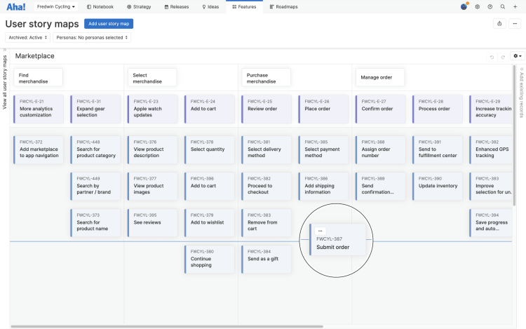 Moving features on a user story map in Aha!