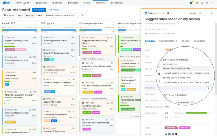 Features board with integration dropdown for Jira projects