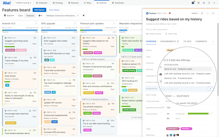 Features board with feature drawer and Jira integration dropdown