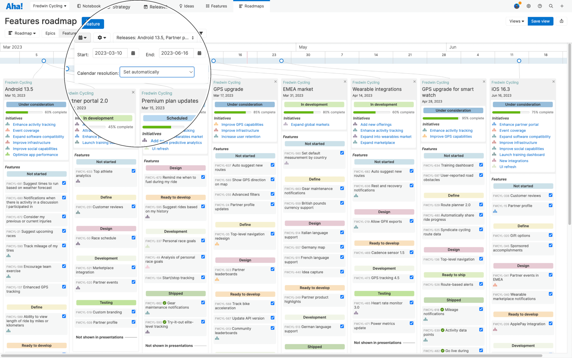 Features roadmap with calendar view dropdown highlighted.