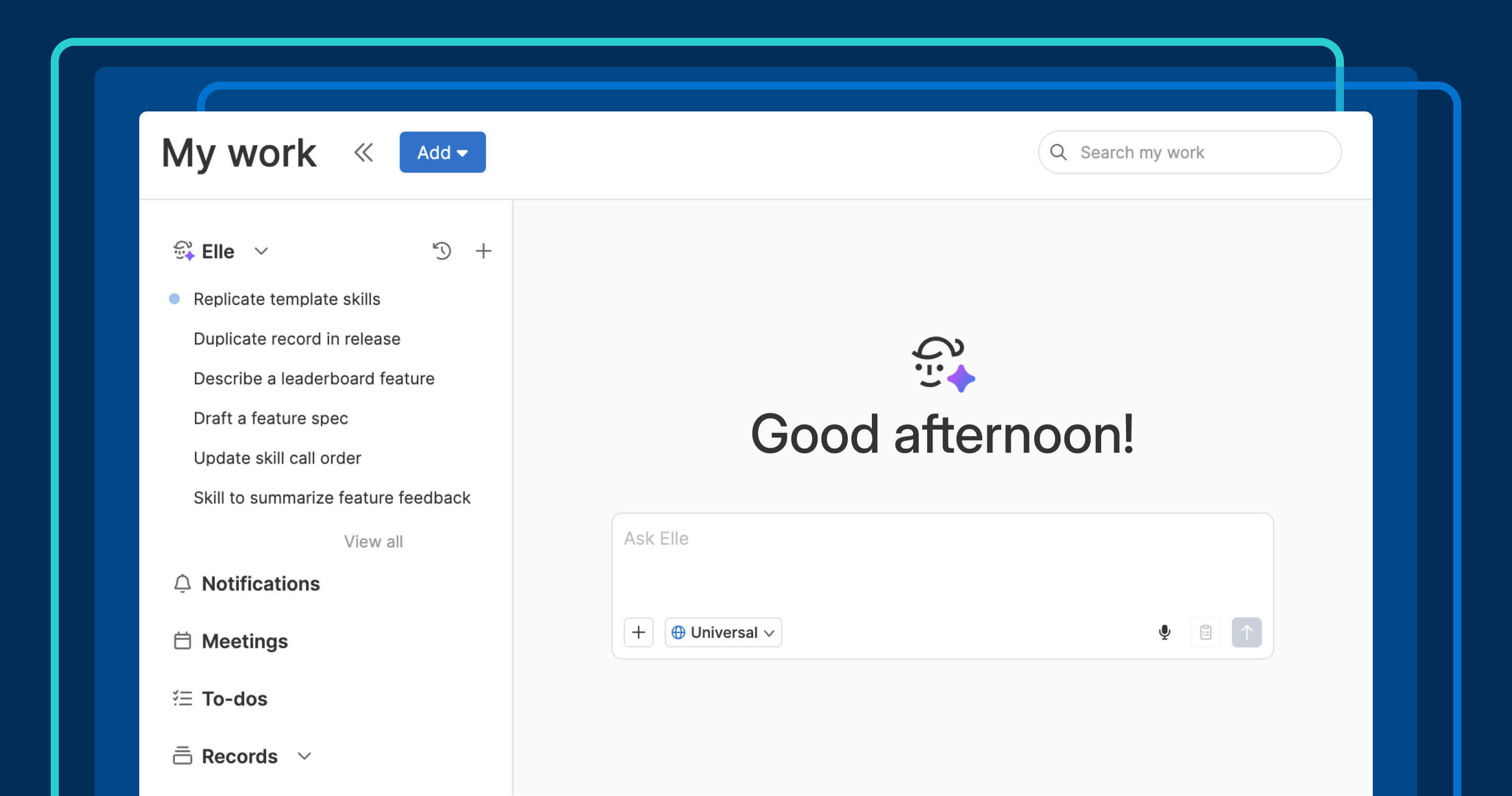 Elle (the AI assistant) is now the focus of the My work screen