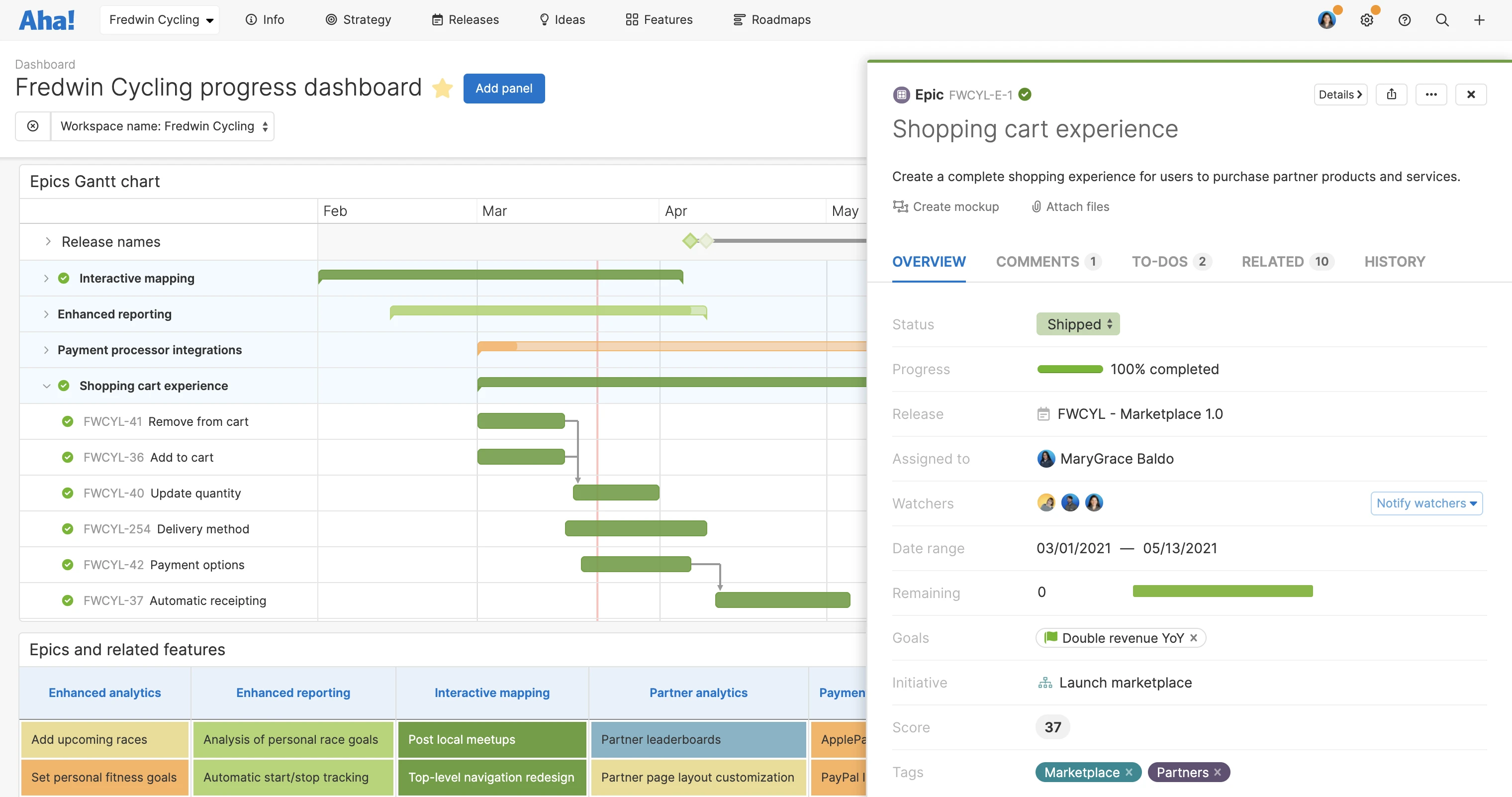 And epic drawer view open in front of a Gantt chart panel on a dashboard.