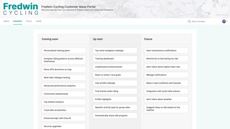 Features roadmap added as a custom page to an ideas portal.
