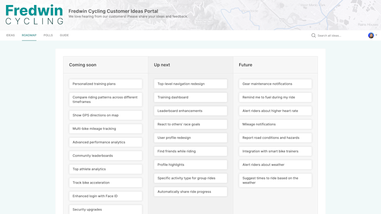 Features roadmap added as a custom page to an ideas portal.