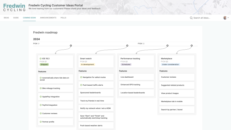 Features roadmap added as a custom page to an ideas portal.