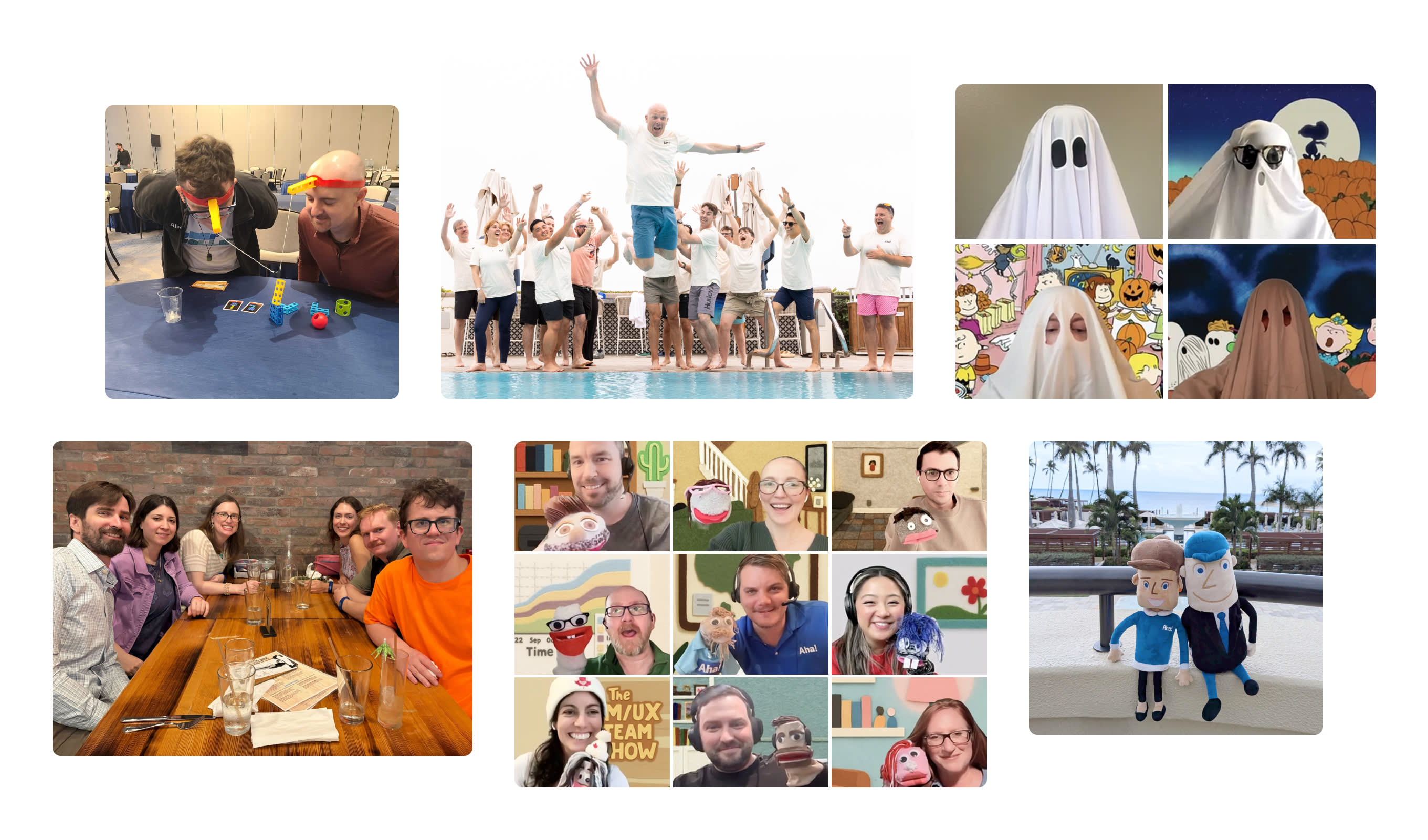 An assortment of images depicting different Aha! traditions, including Aha!lloween and our onsite pool jump
