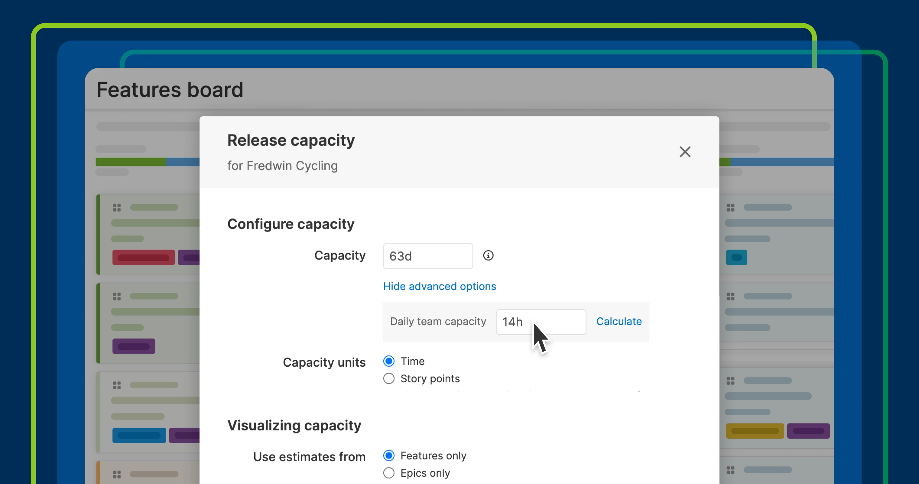 a thumbnail of the features board with an overlay of the release capacity settings window 
