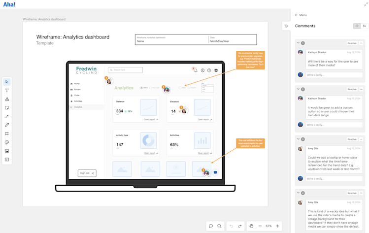 Comments sidebar open beside a whiteboard wireframe template
