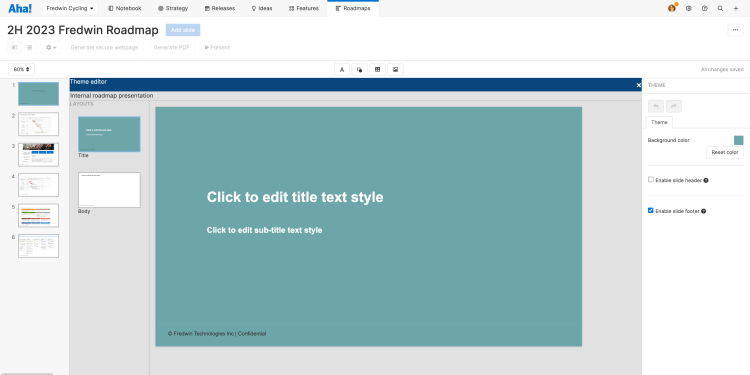 The presentation theme editor showing title and body slides.
