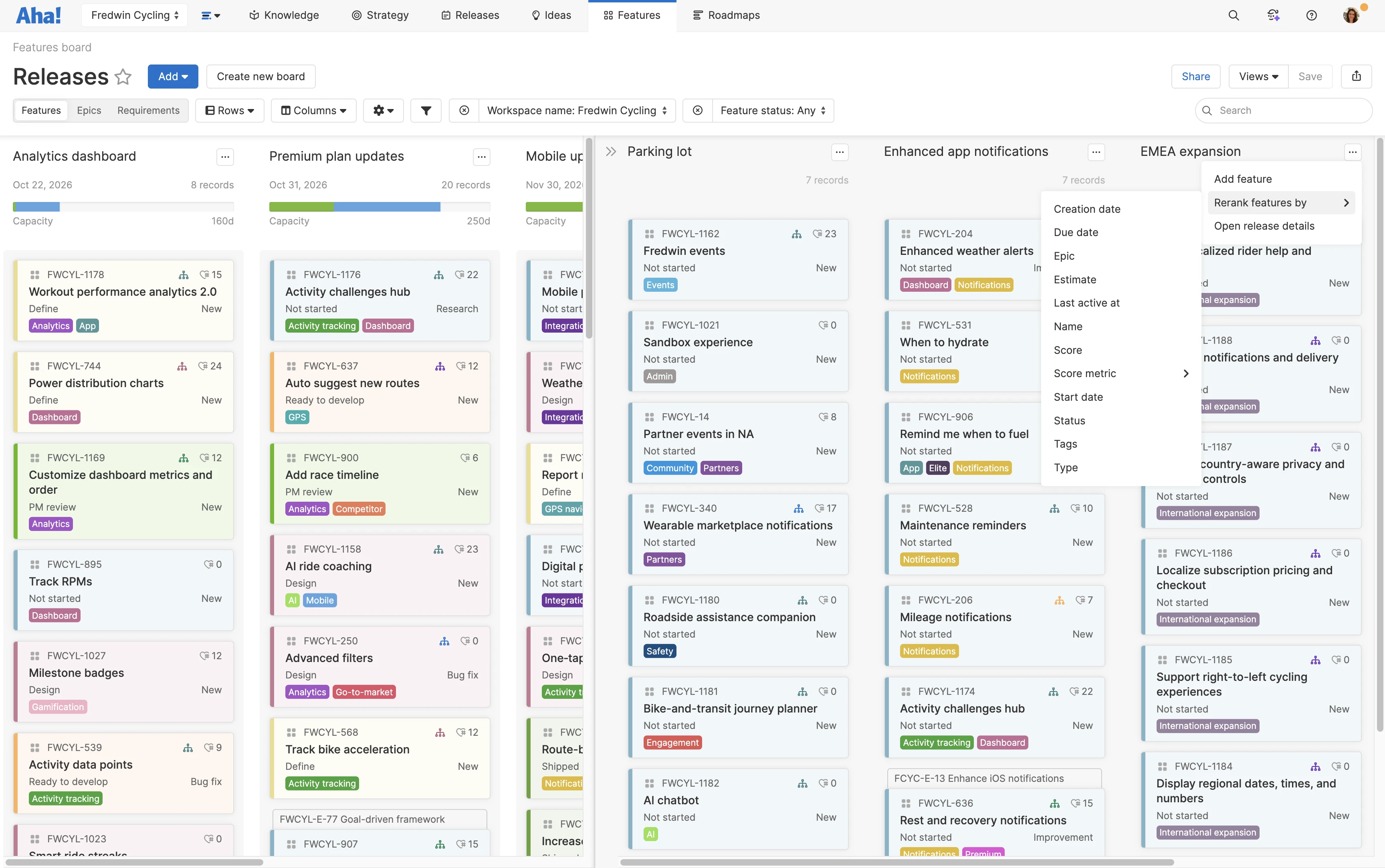 Features board with parking lot sort menu in Aha! Roadmaps