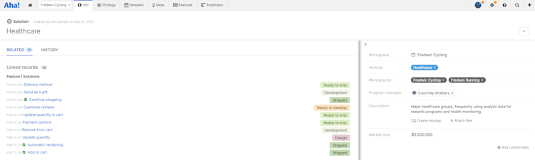 Solution workspace info page showing linked records and custom fields.