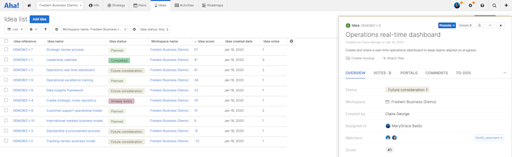 Ideas drawer open in front of a list report in the business operations workspace.