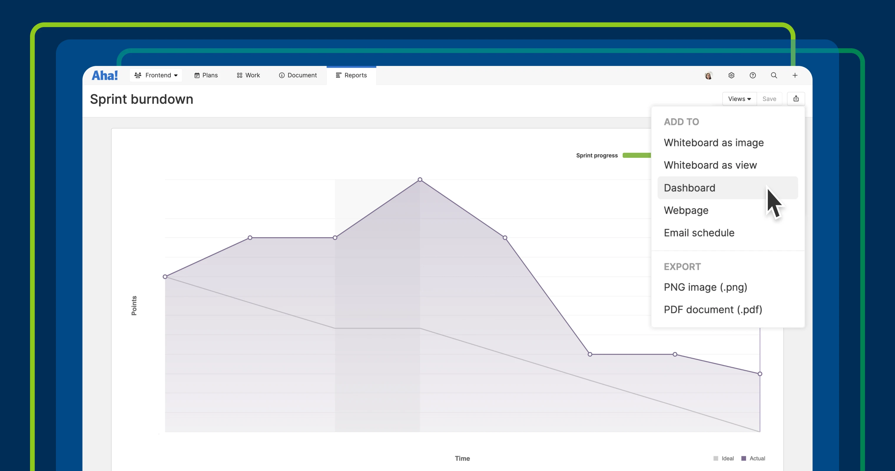 a spring burndown report with the add to windown open and dashboard selected