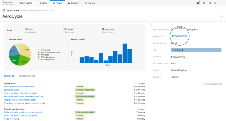 The new integration field on the organization record links to the matching account in Salesforce.