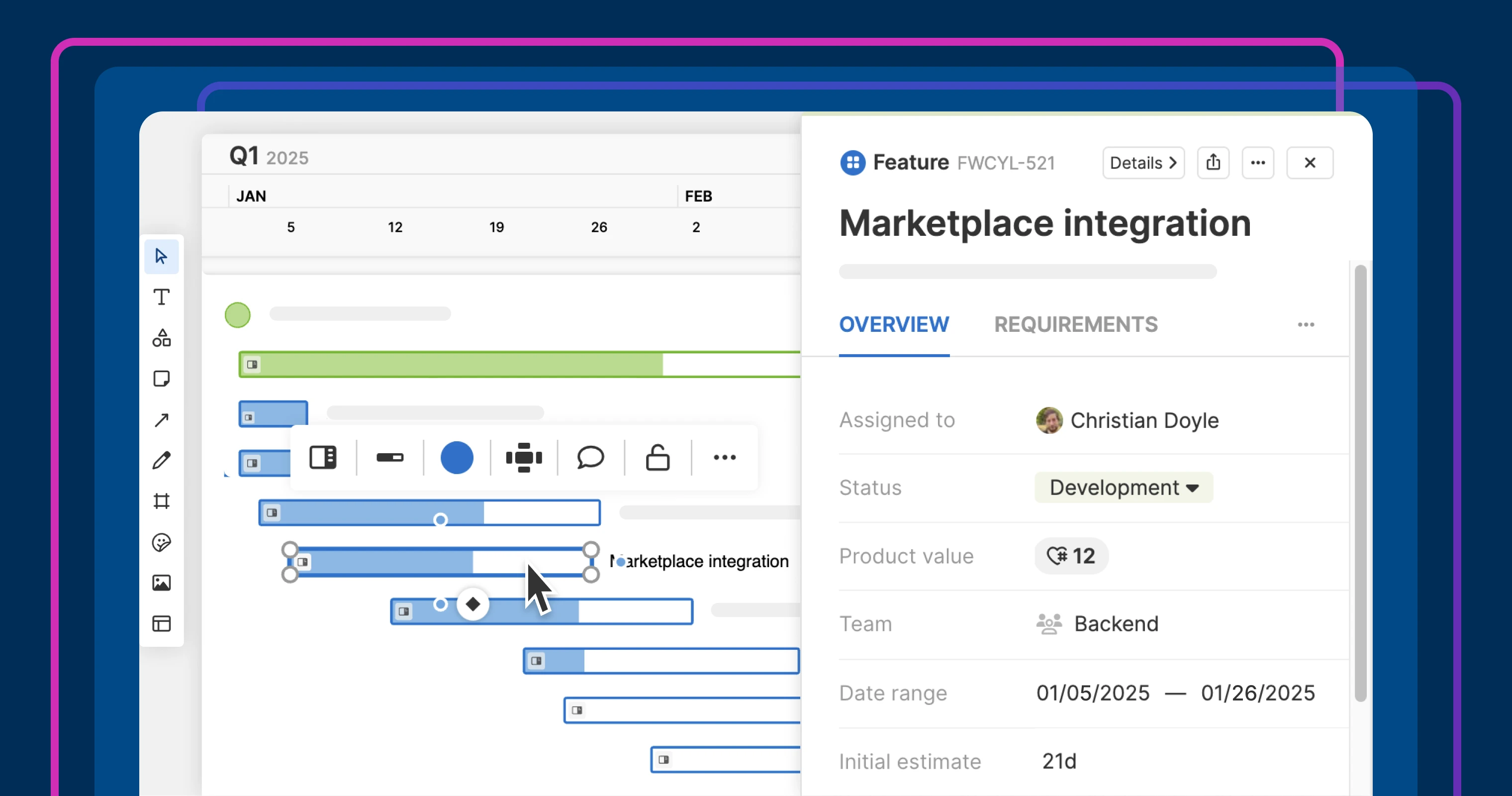 A gantt view on a whiteboard with a feature open that is titled "marketplace integration"