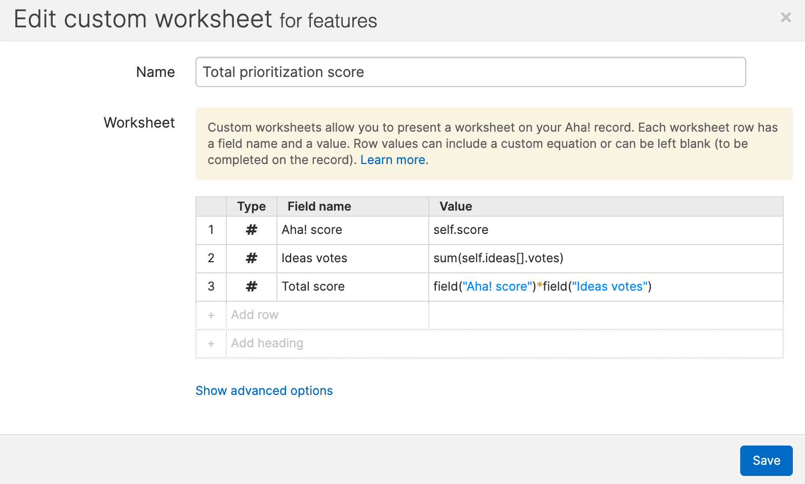 Custom worksheet for a prioritization score
