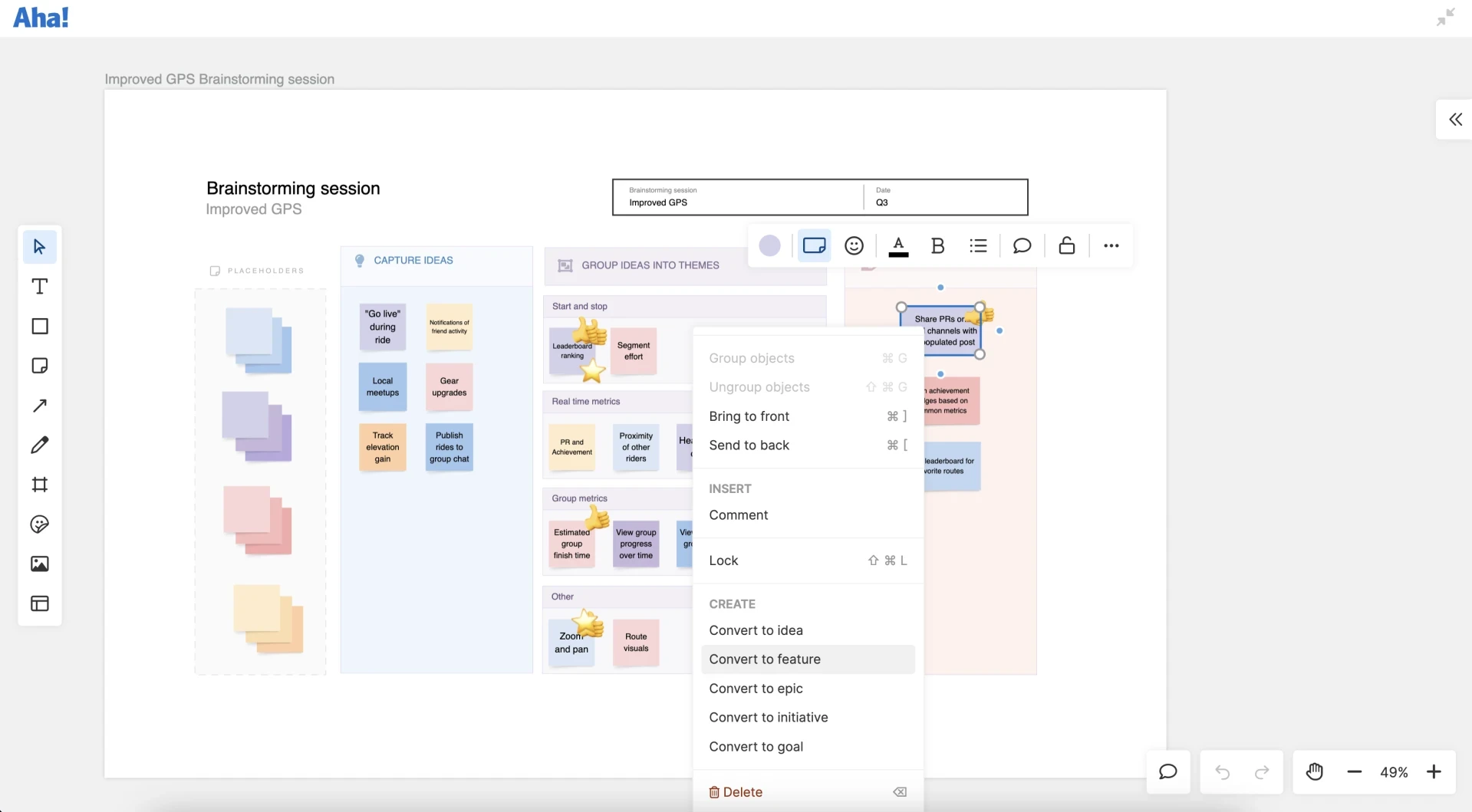 A user converts a sticky note from an Aha! Whiteboards brainstorming session into a feature on Aha! Roadmaps