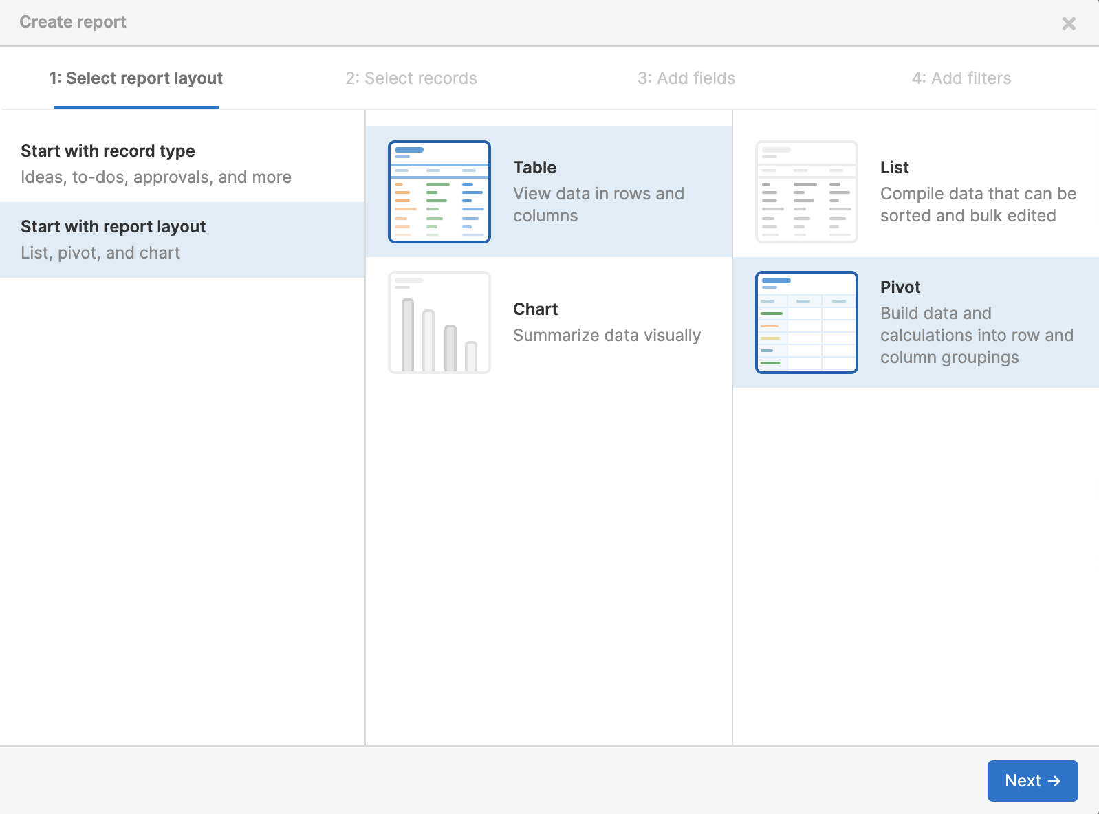 Aha! Ideas reports builder configured to build a pivot table