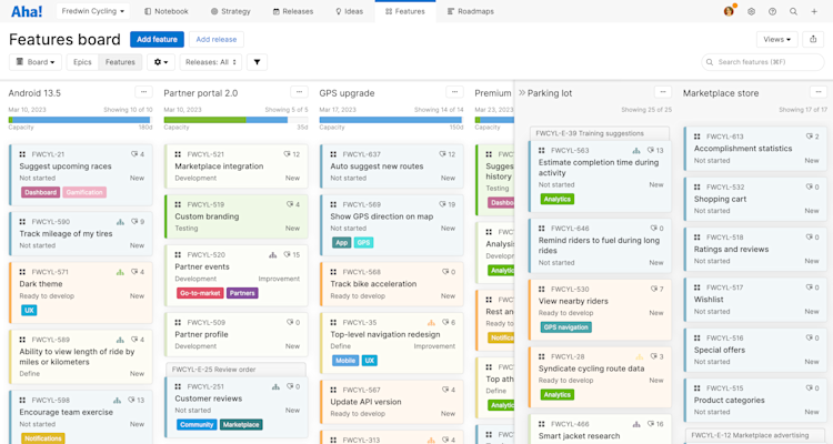 The features board in Aha! Roadmaps