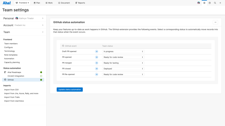 Status automation offers a one-way sync from the extension to Aha! Develop.