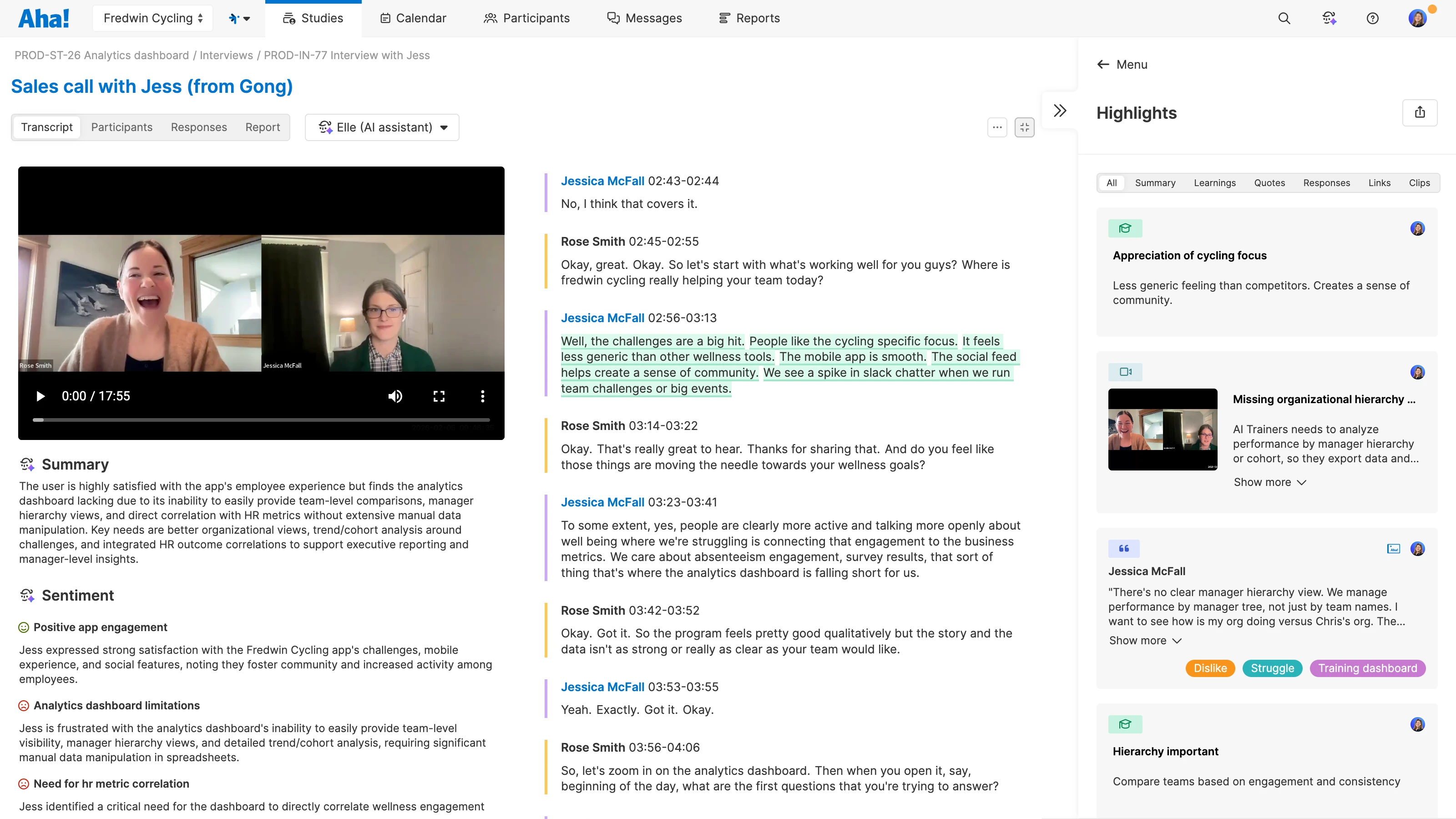 Gong call transcript with AI analysis in Aha! Discovery