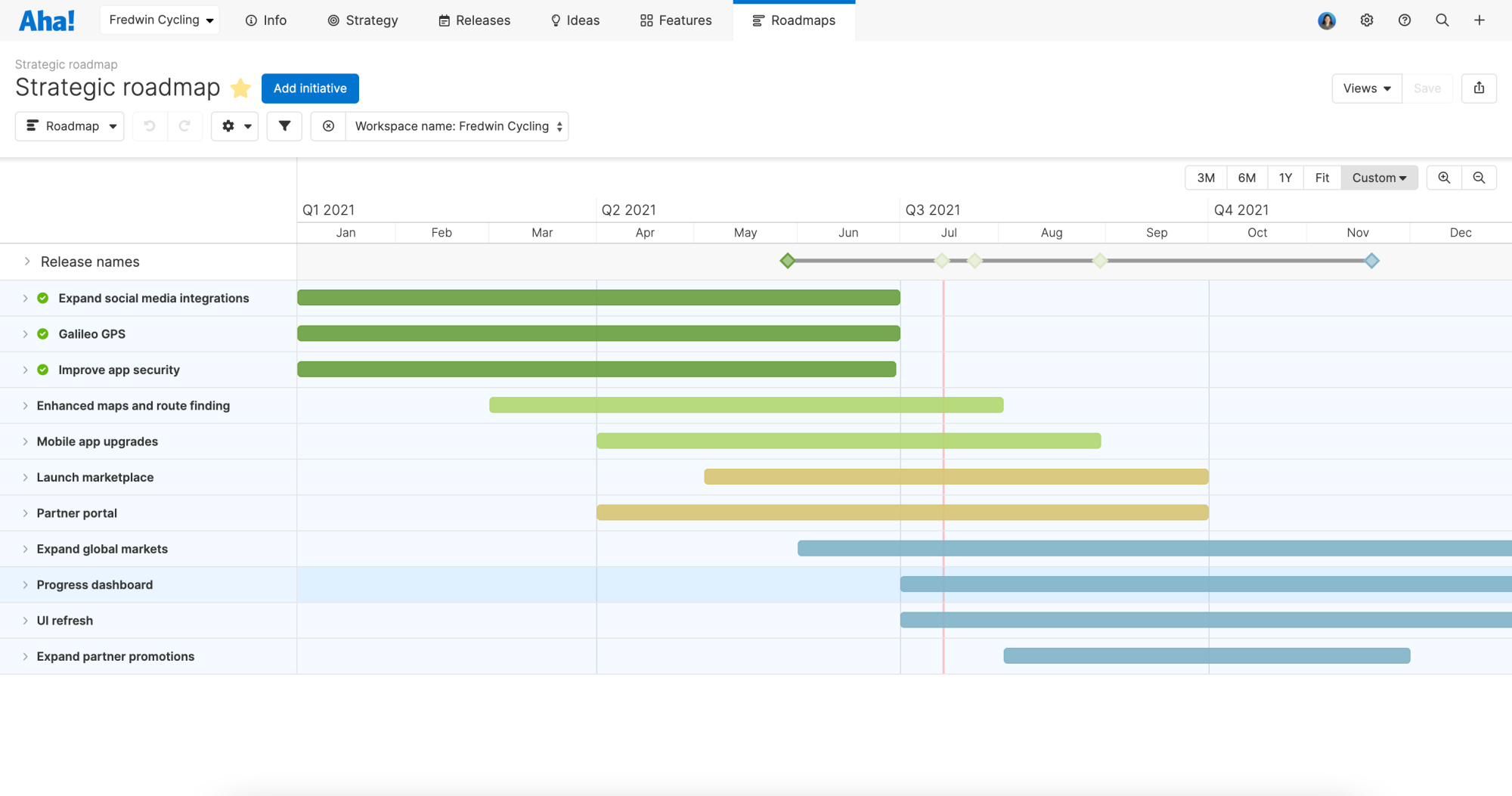Customize your roadmap by coloring the initiative bars by status.