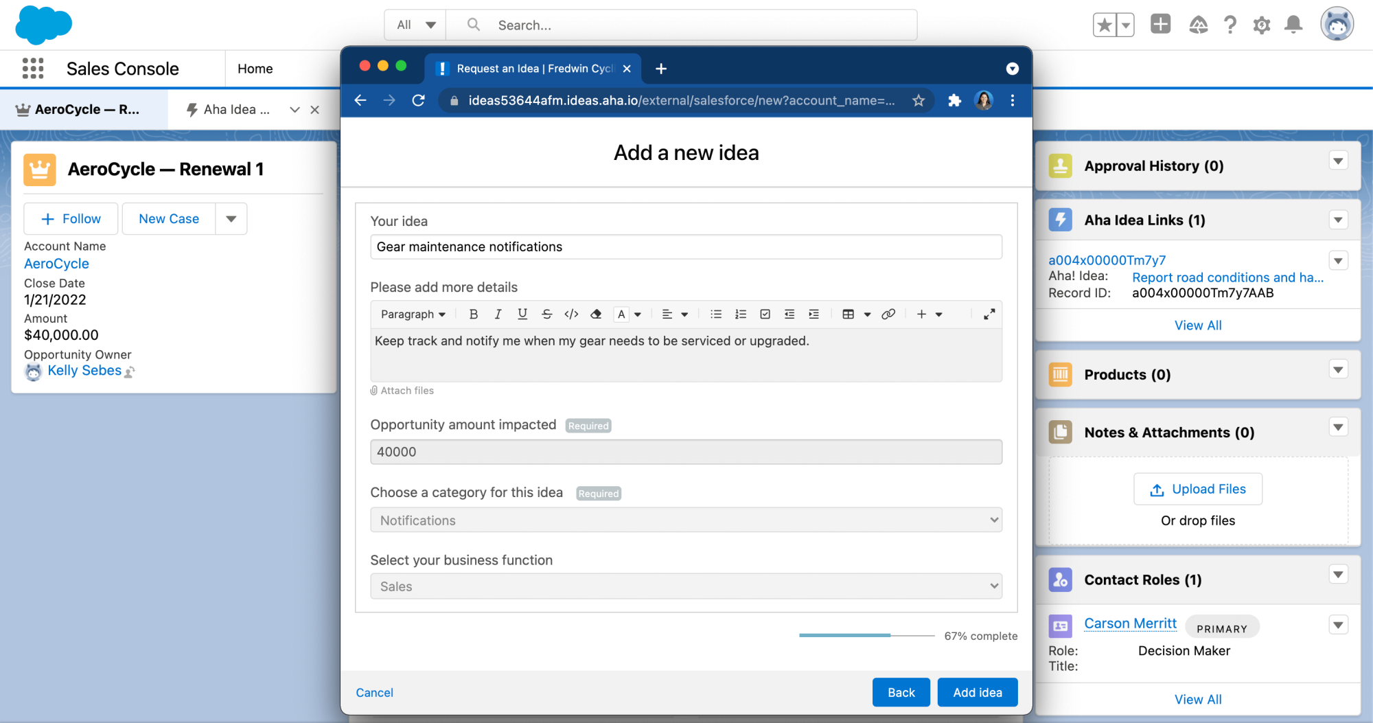 An Aha! dynamic idea submission form in Salesforce Lightning.