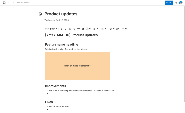 Create release notes with the product updates note template