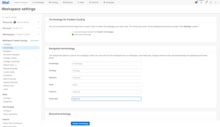 Workspace-level terminology customization settings