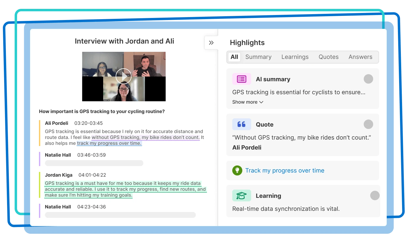 Interview transcripts with a highlighted AI summary, quote, and answer.
