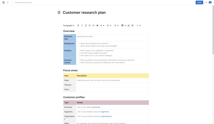 Customer research plan note template