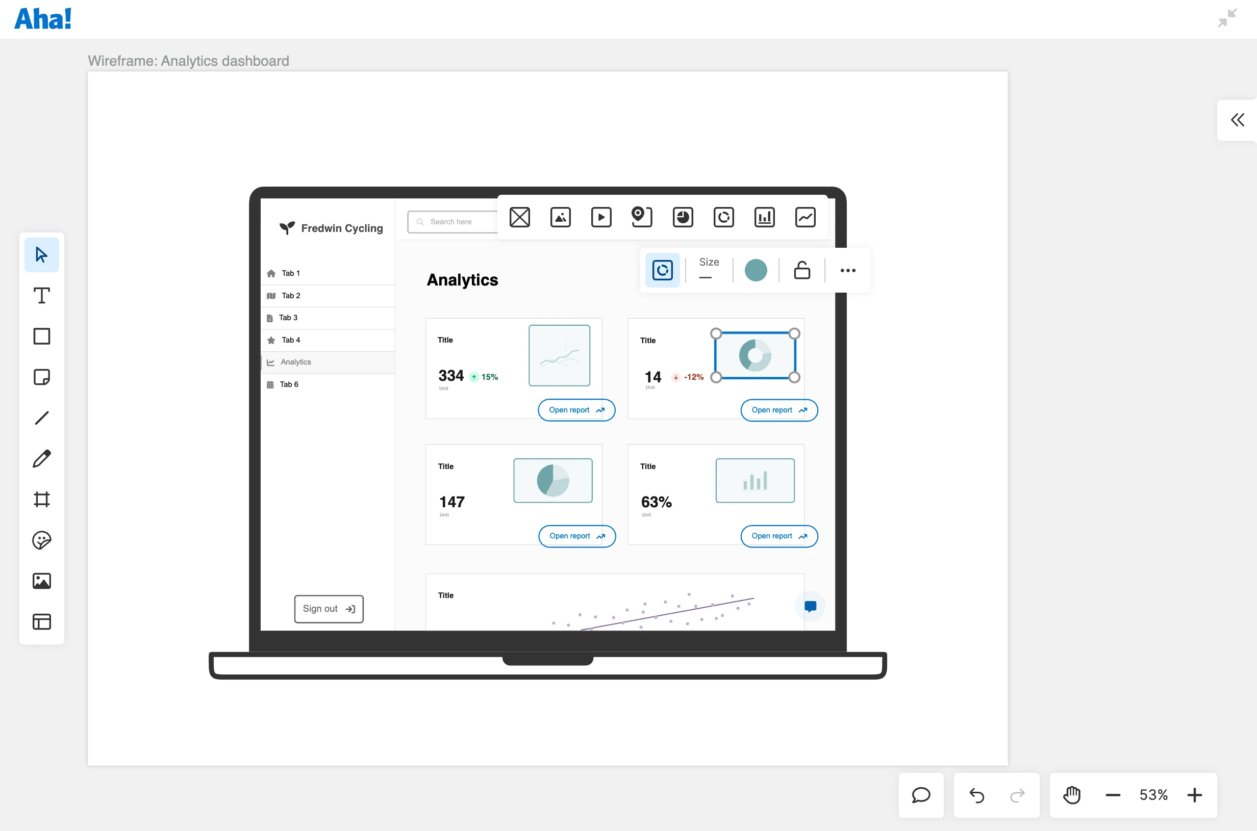 A wireframe on a whiteboard with a component selected and its toolbar open