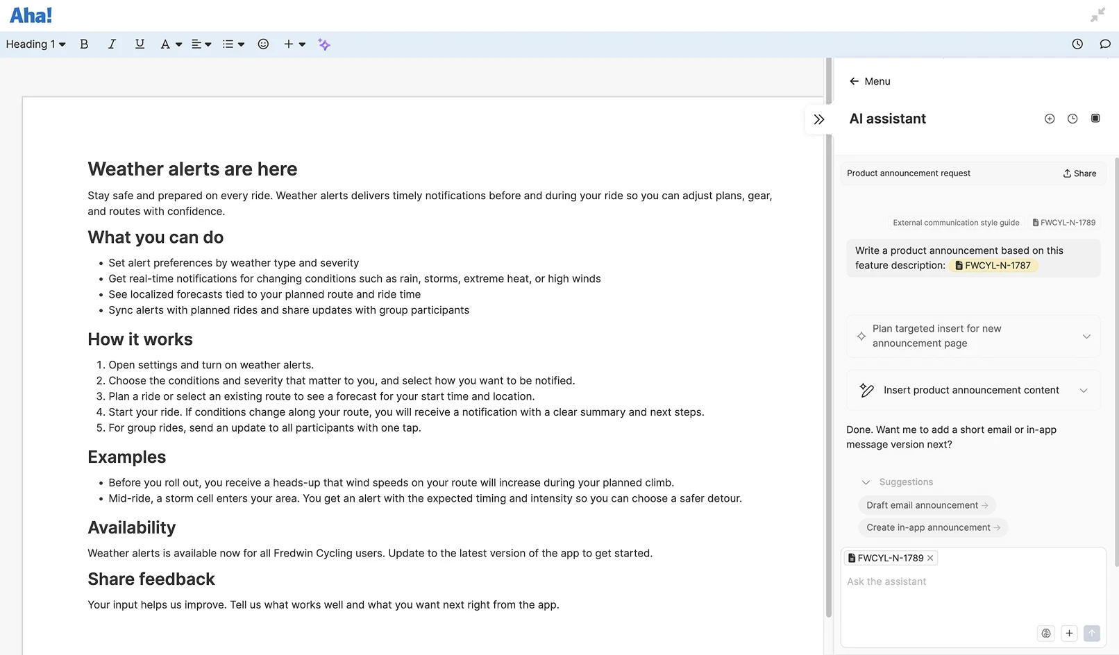 Using the AI assistant in Aha! software to draft a product announcement quickly