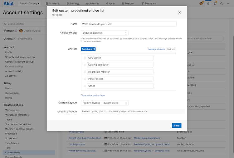 account settings with a window open to edit a predefined choice field
