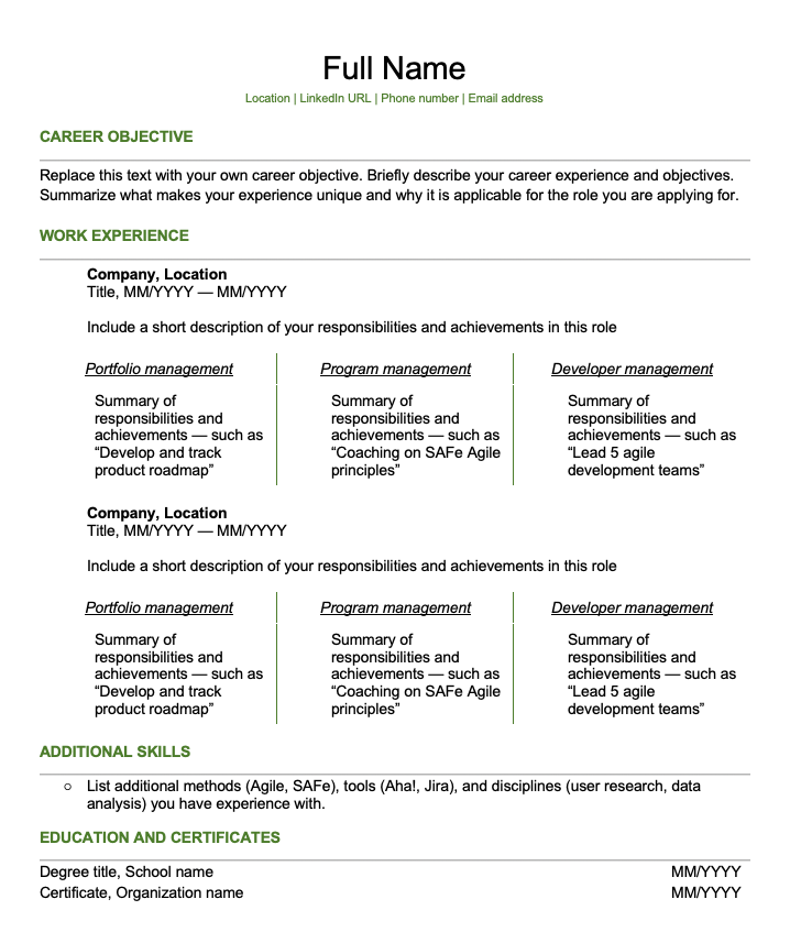Free Product Manager Resume Templates Aha