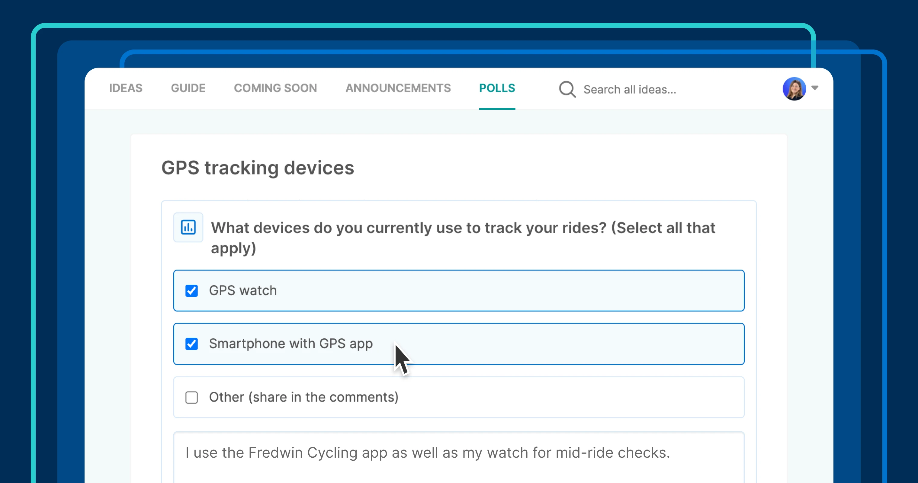 a thumbnail showing a poll for "GPS tracking devices" with more than one answer selected