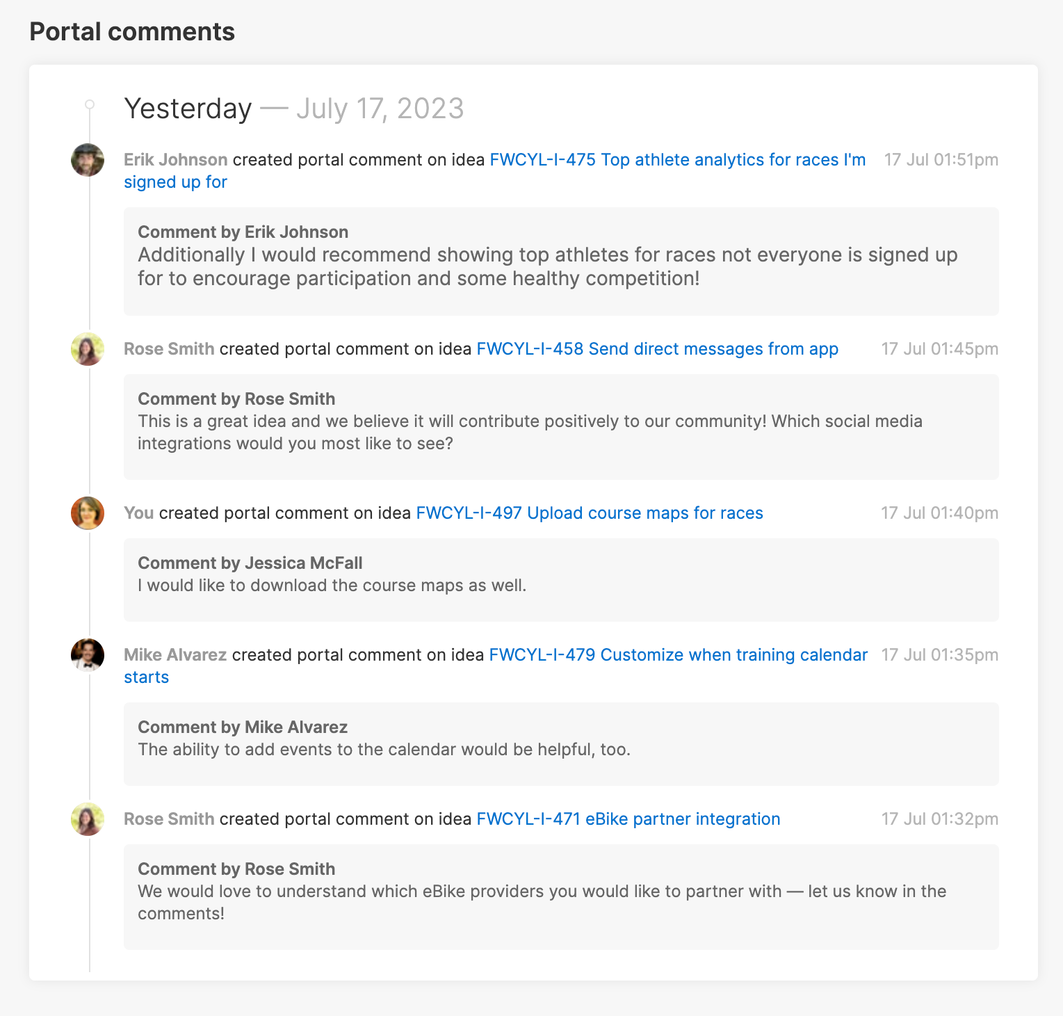 Portal comments section of ideas overview