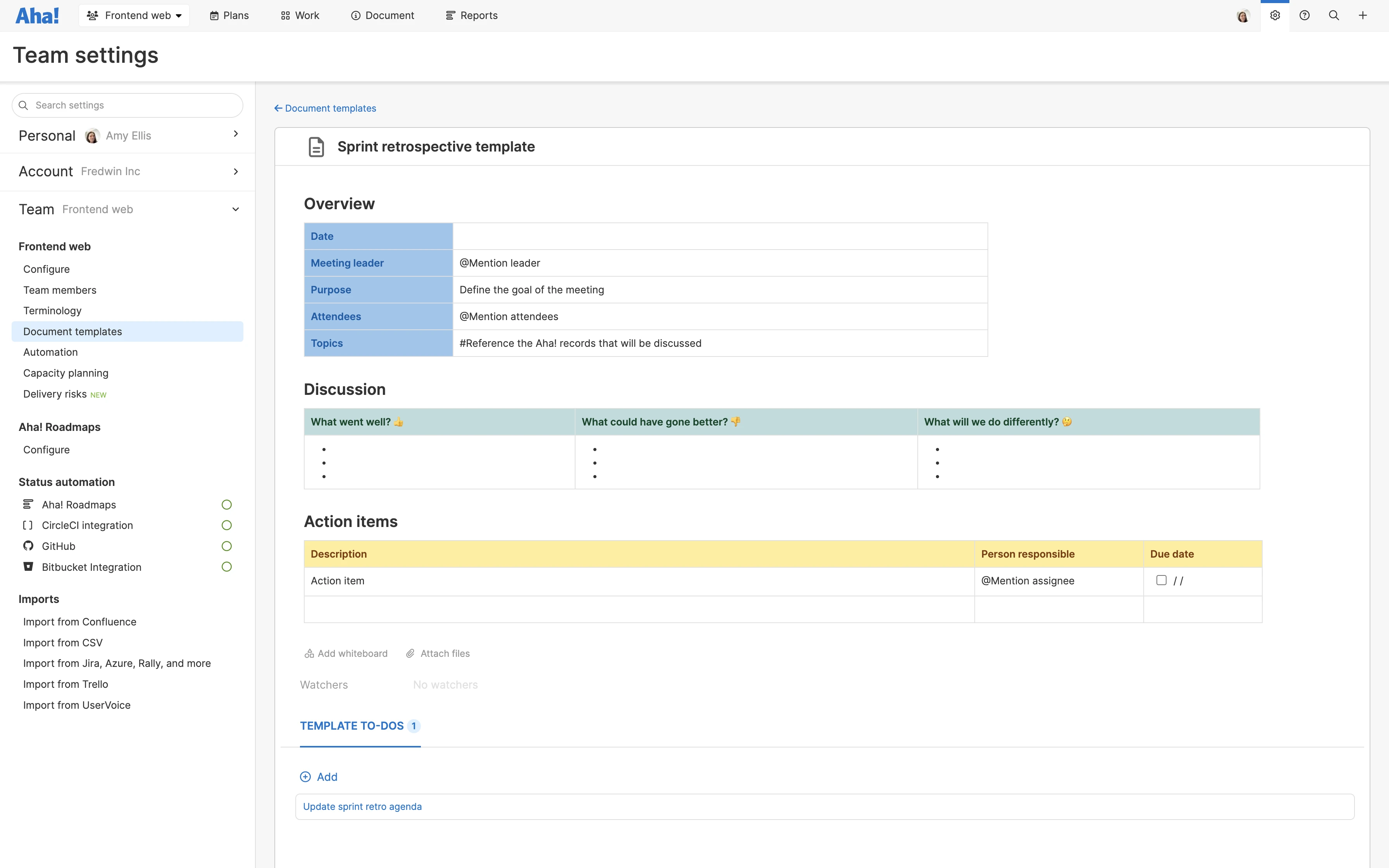 Sprint retrospective template settings in Aha! Develop
