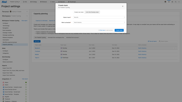 Once linked, any new members added to a team in Aha! Develop will automatically be added to the team in your capacity planning settings.