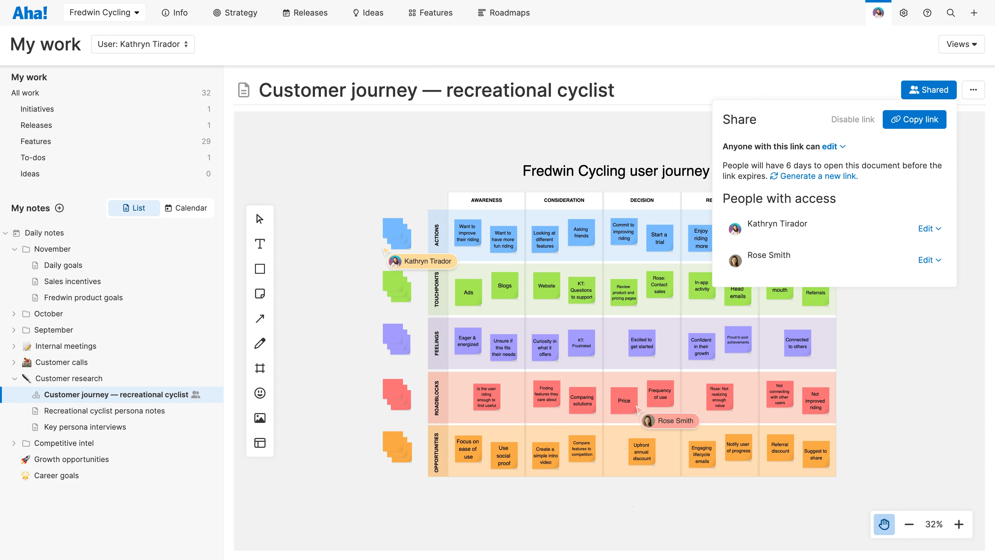 Share personal whiteboards in Aha! software